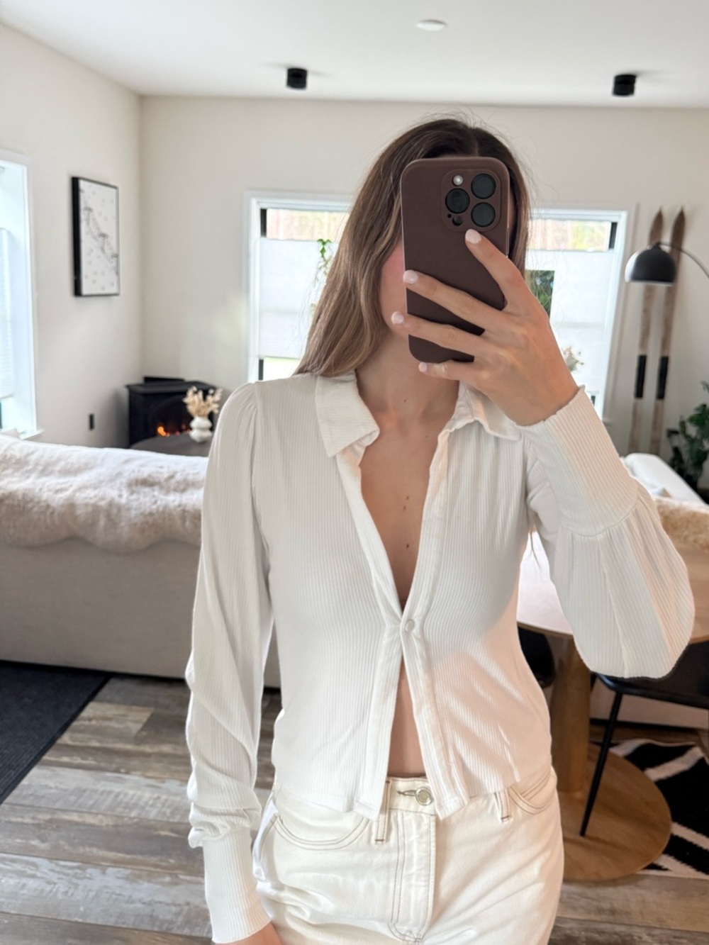 AFRM White Ribbed Button-Front Blouse - Picture 3 of 3